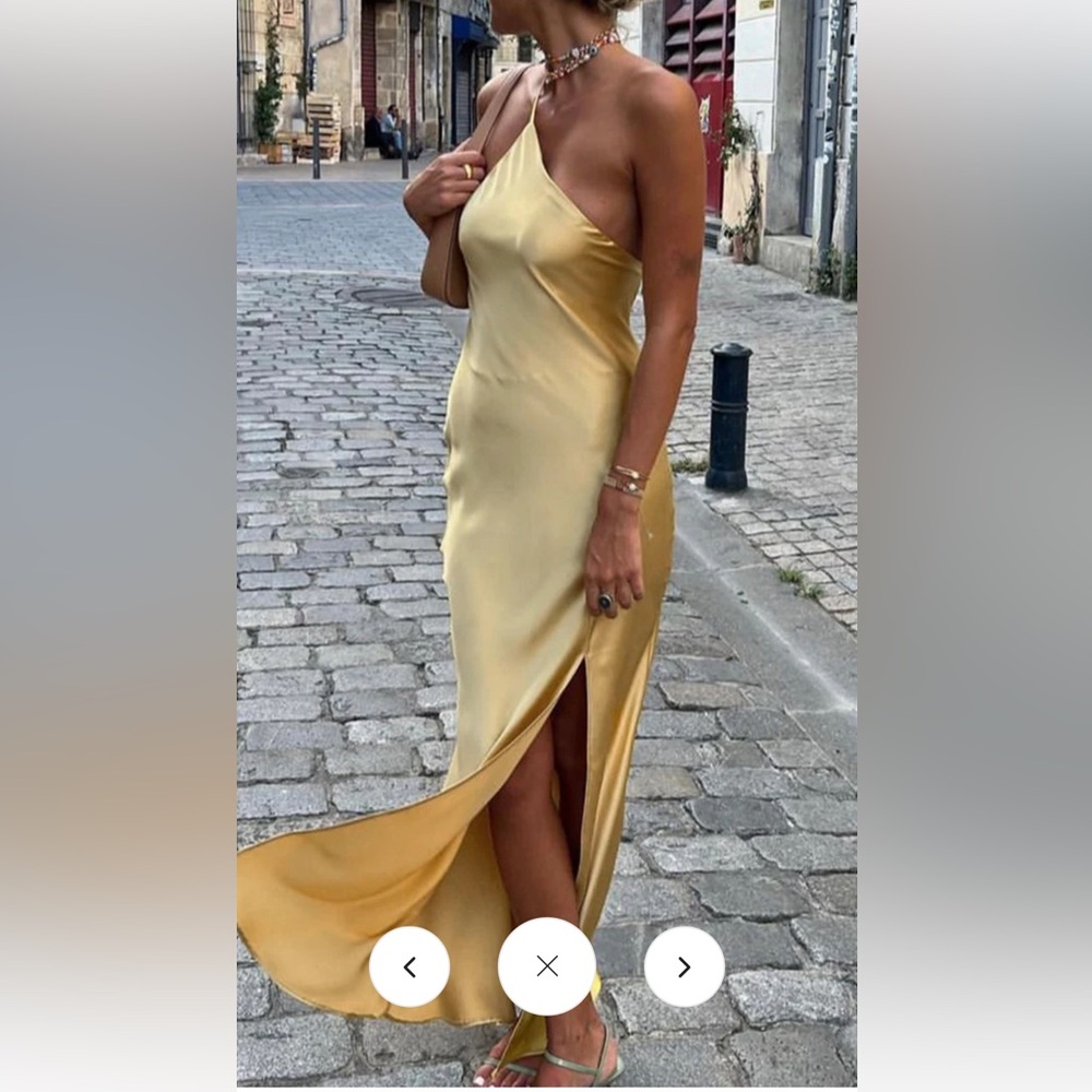 Commense Open Back One-Shoulder Yellow Satin Dress with front side slit. NWT